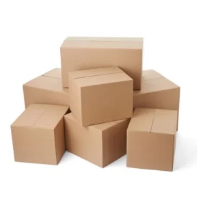 A stack of brown corrugated boxes folded and ready for shipping.