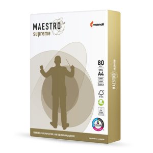 A high-whiteness, ultra-smooth sheet of Maestro Supreme premium office paper.